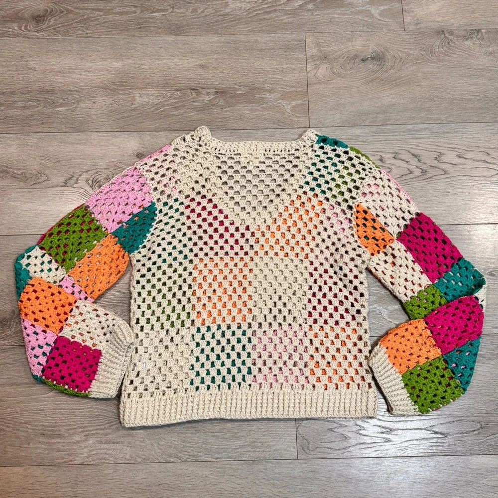 BiBi Crochet Patchwork Granny‎ Square Sweater V-Neck Multi-Color Boho Small S - Picture 2 of 6